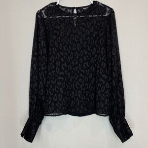Express Top Women's M Black Leopard Sheer Long Sleeve Lined Pullover Blouse